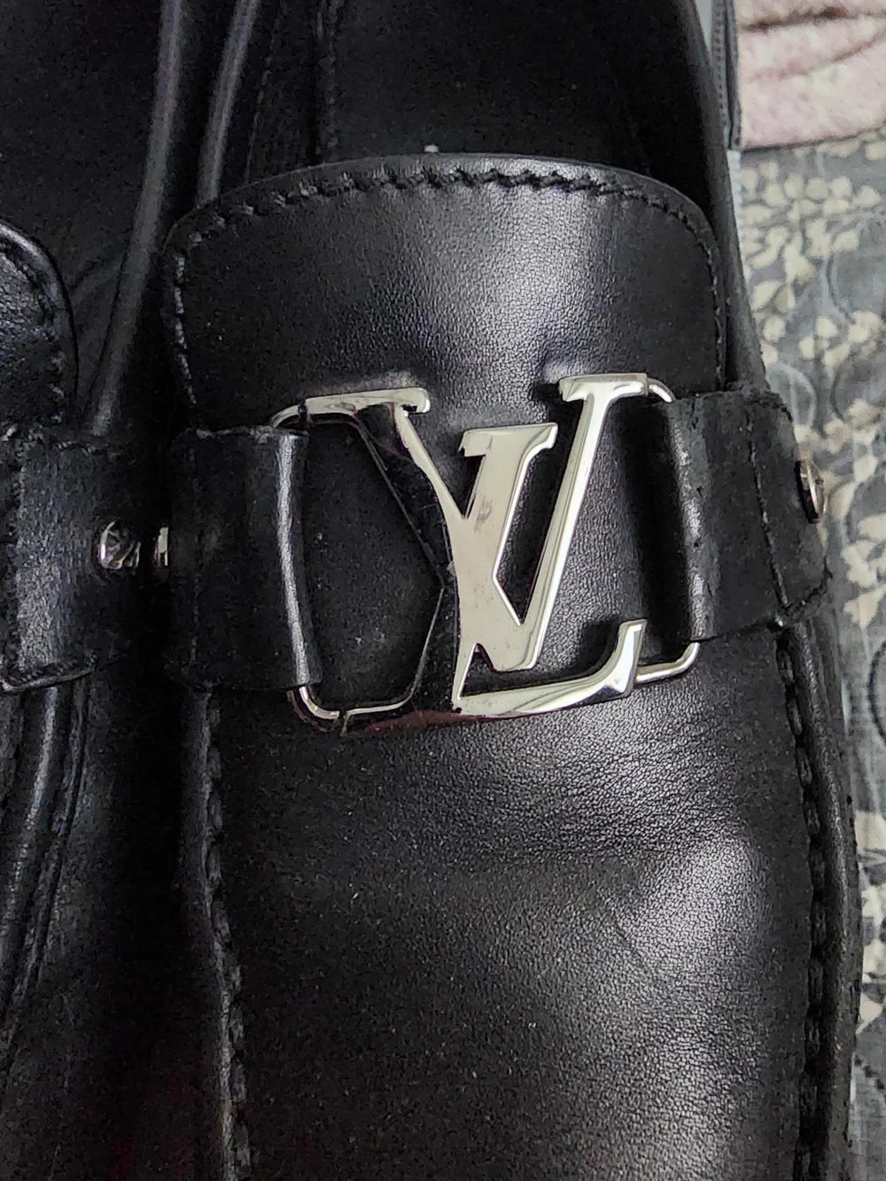 Authentic Louis Vuitton Black Leather Slip-On Loafers with Silver LV Size 41